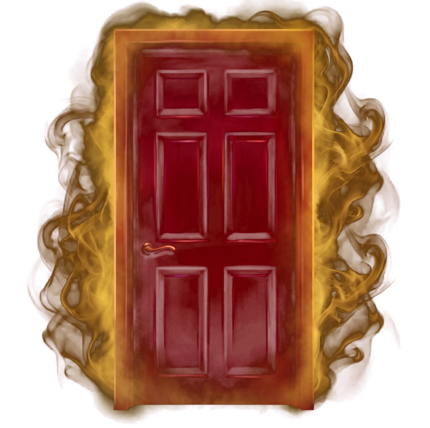 A red door wreathed in golden smoke